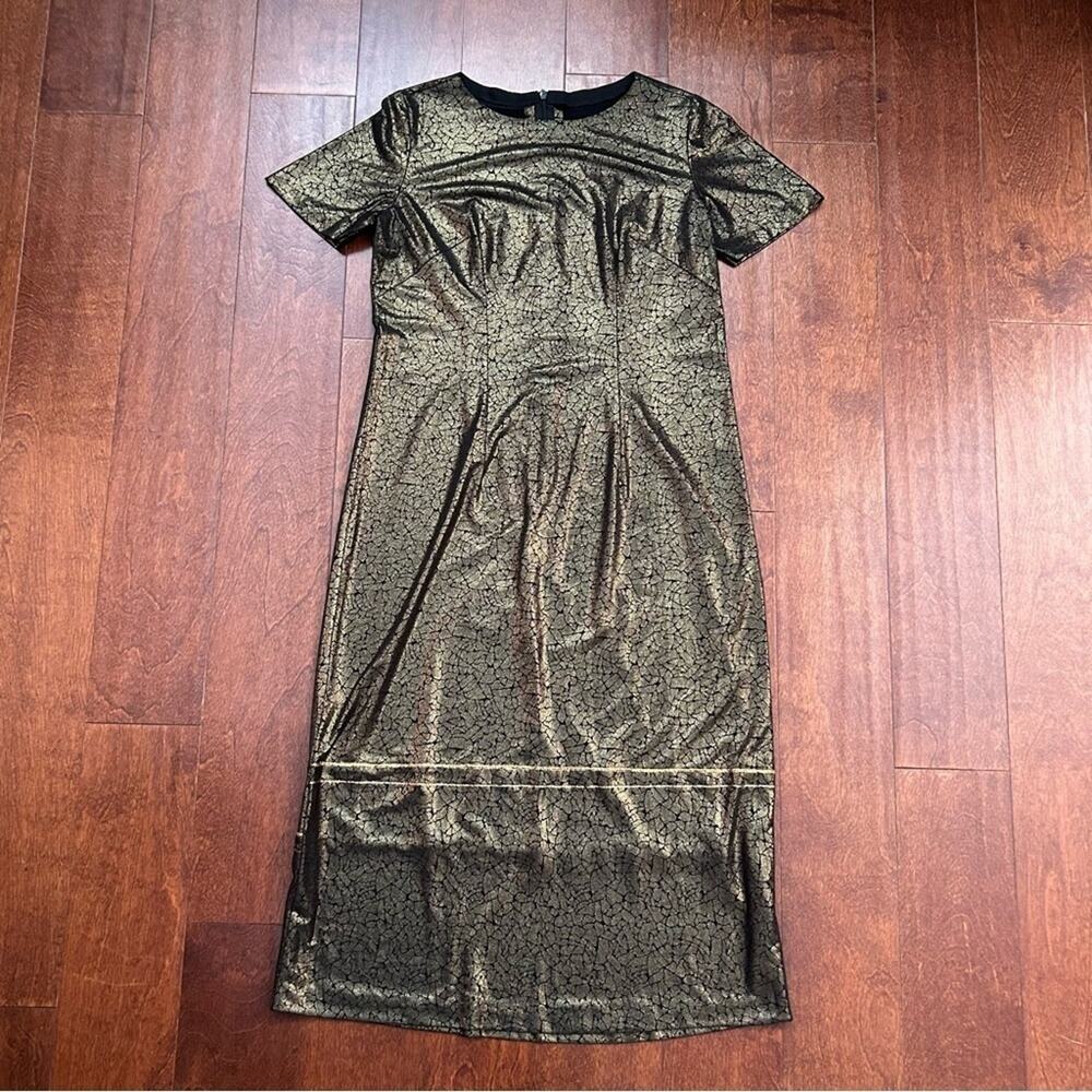 Slinky Shift Dress in Metallic Bronze and Black Crackled Pattern, Size Small/4
